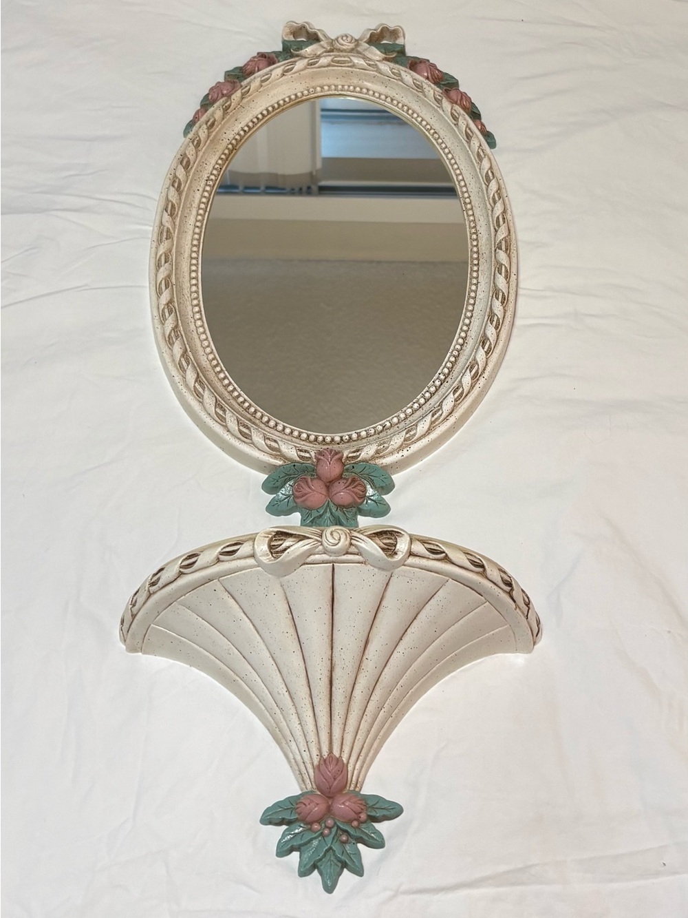 Vintage Burwood Bows & Roses Resin Oval Wall Mirror & Shelf Set